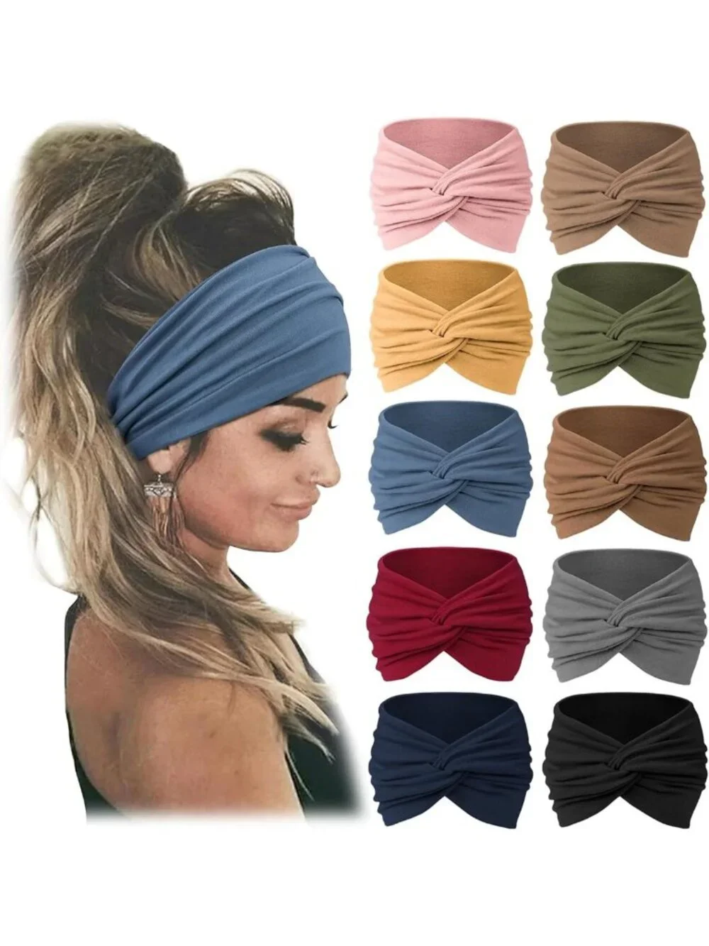 10 PCS Wide Hair Wraps for Women - Extra Stretch Turban Headbands for Sports